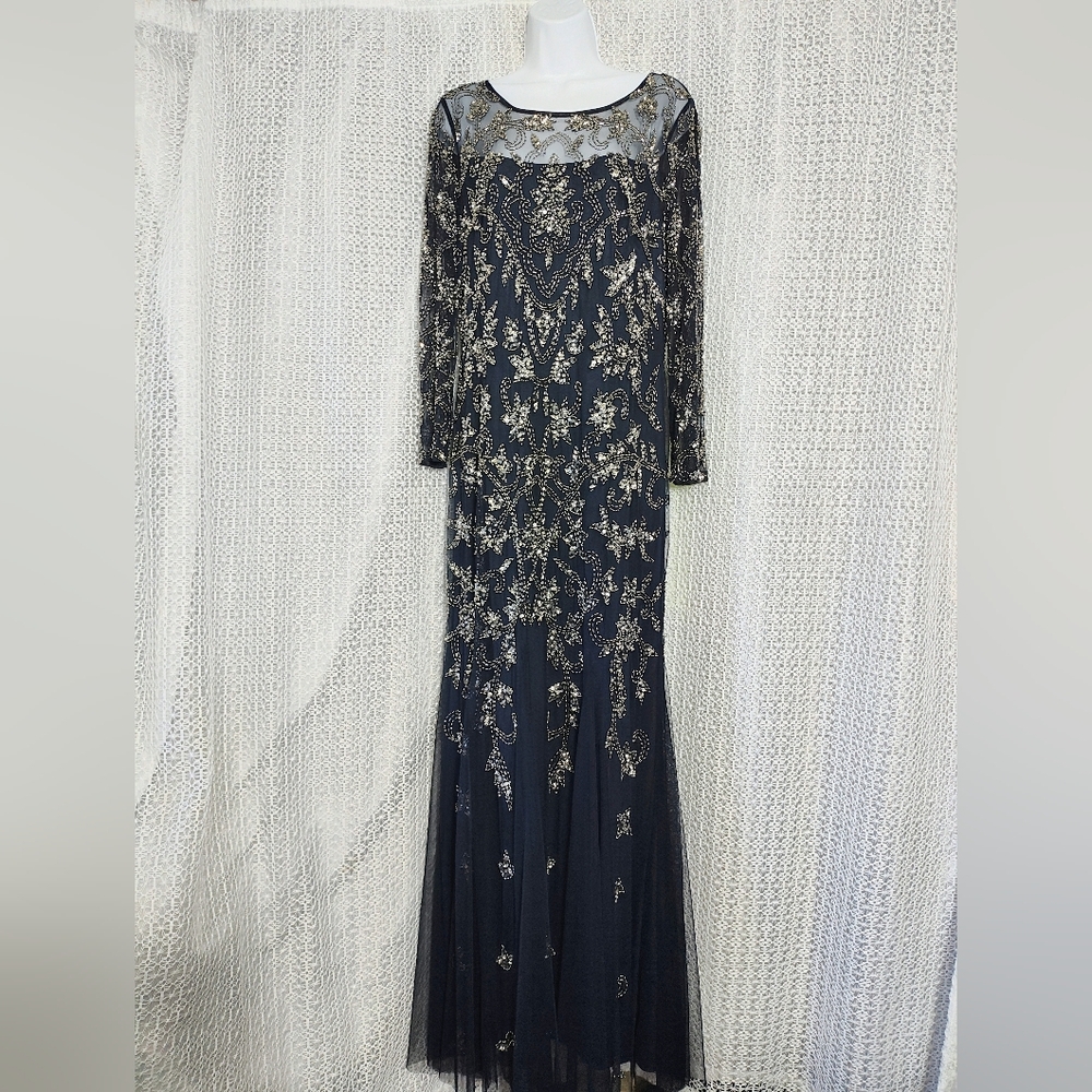 Adrianna Papell Navy and Gold Long Sleeve Gown - Picture 2 of 12